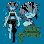  1girl :d :o abraham_sapien absurdres air_bubble bike_shorts blue_background blue_eyes blue_hair blue_skin bubble character_name closed_mouth colored_skin english_commentary fins genderswap genderswap_(mtf) hellboy_(comic) highres looking_at_viewer medium_hair monster_girl multiple_views notice_lines open_mouth rariatto_(ganguri) simple_background smile underwater 