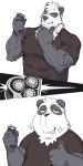  anthro chubby_male clothed clothing electric_razor fully_clothed gesture giant_panda hi_res humor jacketbear male mammal muscular muscular_anthro muscular_male razor shaving simple_background solo thumbs_up tools toony ursid 