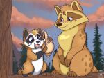  2022 baby_boy_(far_from_the_tree) biped black_nose brown_body cloud disney duo far_from_the_tree feral hi_res lillisketch mammal marie_(far_from_the_tree) outside plant procyonid raccoon scar tree white_body 