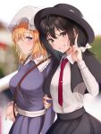  2girls bangs black_capelet black_skirt blonde_hair blurry blurry_background blush bow bowtie breasts brown_eyes brown_hair buttons capelet closed_mouth commentary_request dress feet_out_of_frame fingernails frilled_shirt_collar frilled_sleeves frills fumei_(mugendai) grin hair_ribbon hat hat_bow hat_ribbon highres holding holding_another&#039;s_arm holding_clothes holding_hat large_breasts looking_at_viewer maribel_hearn mob_cap multiple_girls neck_ribbon necktie purple_dress purple_eyes red_bow red_bowtie red_necktie red_ribbon ribbon shirt sideways_glance skirt smile standing teeth touhou tress_ribbon two-sided_fabric upside-down usami_renko v white_headwear white_ribbon white_shirt 