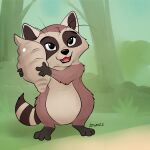  2022 absurd_res anthro biped black_eyes black_nose brown_body disney far_from_the_tree hi_res mammal marie_(far_from_the_tree) outside procyonid raccoon solo tigresa_daina 