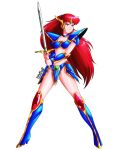  1girl absurdres armor armored_boots bikini_armor blue_eyes blue_footwear boots breasts bstanding choker cleavage collarbone danmakuman full_body highres holding holding_sword holding_weapon knee_boots lena_brand long_hair medium_breasts midriff mugen_senshi_valis red_hair serious shoulder_pads simple_background sword tiara vambraces weapon white_background 