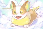  animal_focus blush character_name commentary_request fangs full_body green_eyes lying no_humans on_stomach open_mouth pokemon pokemon_(creature) signature solo tansho tongue tongue_out yamper 