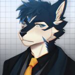  1:1 2022 absurd_res anthro archermagnum canid canine canis clothing discordnight_(artist) fur fur_markings geometric_background grid_background hair hi_res male mammal markings multicolored_hair necktie pattern_background simple_background solo suit thunderrangers wolf yellow_eyes 