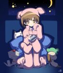  1girl 4others bangs blush brown_eyes brown_hair controller crescent_moon cushion doko_demo_issho eyebrows_visible_through_hair fake_tail hat hat_with_ears inoue_toro kneeling mihara_jun moon multiple_others nakamura_takeshi night pajamas parted_lips personification pink_headwear pink_pajamas r_suzuki remote_control ricky_(doko_demo_issho) robot shadow short_hair signature sleeves_past_wrists slippers solo_focus star_(sky) tail yamamoto_pierre 