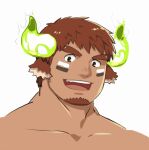  1boy :d animal_ears artist_request bara brown_eyes brown_hair check_artist collarbone cow_boy cow_ears cow_horns criorio facepaint facial_hair fiery_horns forked_eyebrows glowing_horns goatee horns looking_at_viewer male_focus muscular muscular_male nude portrait short_hair smile solo spiked_hair thick_eyebrows tokyo_afterschool_summoners upper_body wakan_tanka white_background 