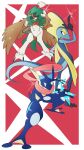  border bright_pupils closed_mouth commentary decidueye greninja highres inteleon pink_eyes pkpokopoko3 pokemon pokemon_(creature) red_background smile white_border white_pupils yellow_eyes 