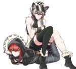  2girls animal_ears arknights bandeau bangs bare_shoulders black_footwear black_gloves black_jacket black_legwear boots bound cliffheart_(arknights) commentary crownslayer_(arknights) eyebrows_visible_through_hair fur-trimmed_boots fur_trim gloves grey_eyes hand_up hood hooded_jacket jacket leopard_ears lim_aya_w multiple_girls red_hair short_hair silver_hair simple_background single_thighhigh sleeveless sleeveless_jacket smile strapless thighhighs tied_up_(nonsexual) tube_top white_background white_headwear white_jacket 
