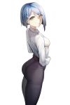  1girl :o absurdres ass bangs belt black_pants blue_hair breasts brown_belt darling_in_the_franxx eyebrows_visible_through_hair feet_out_of_frame green_eyes highres ichigo_(darling_in_the_franxx) looking_to_the_side medium_breasts pants shirt short_hair solo standing thighs weixiaoren white_background white_shirt 
