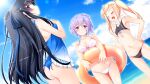  3girls :d ass ass_visible_through_thighs bangs bikini black_bikini black_hair blonde_hair blue_eyes blue_ribbon blue_sky blue_swimsuit blush breast_rest breasts cleavage closed_eyes cloud collarbone covered_nipples cowboy_shot day dutch_angle eyebrows_visible_through_hair fang fujinomiya_iori game_cg groin hair_between_eyes hair_ribbon hands_on_hips harukaze_sensation! head_tilt highres innertube kannagi_isuzu ko~cha long_hair looking_at_viewer medium_breasts multiple_girls navel ocean ogawara_kotetsu outdoors ponytail profile purple_eyes ribbon shiny shiny_hair short_hair silver_hair sky small_breasts smile standing summer swimsuit twintails very_long_hair white_bikini white_ribbon 