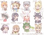  6+girls alpaca_ears alpaca_girl alpaca_suri_(kemono_friends) animal_ears animal_print bird_girl black_hair blonde_hair blood blue_eyes bow brown_bow brown_eyes brown_hair character_name closed_mouth colo_(frypan_soul) crescent crescent_earrings earrings fingerless_gloves forest_owlet_(kemono_friends) giraffe_ears giraffe_horns glasses gloves green_eyes green_gloves green_hood green_necktie grey_hair grey_shirt grey_wolf_(kemono_friends) hair_over_one_eye hair_tie hat_feather headphones helmet heterochromia highres horns humboldt_penguin_(kemono_friends) jaguar_(kemono_friends) jaguar_ears jaguar_girl japanese_crested_ibis_(kemono_friends) jewelry kaban_(kemono_friends) kemono_friends light_brown_hair margay_(kemono_friends) margay_print meerkat_(kemono_friends) meerkat_ears multicolored_hair multiple_girls necktie nosebleed open_mouth orange_eyes owl_girl panther_chameleon_(kemono_friends) pith_helmet plaid_necktie red_hair red_shirt reptile_girl rock_hyrax_(kemono_friends) shirt single_earring sivatherium_(kemono_friends) smile white_hair wolf_ears wolf_girl yellow_eyes 