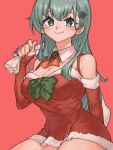  1girl blush breasts cleavage closed_mouth cowboy_shot detached_collar fingernails green_eyes green_hair hair_between_eyes hair_ornament hairclip holding holding_sack kantai_collection karutade large_breasts long_hair official_alternate_costume pink_background sack santa_costume simple_background smile solo suzuya_(kancolle) 