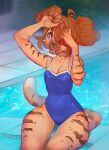  2021 anthro biped blue_clothing breasts brown_hair cleavage clothed clothing felid hair hair_over_eye landysh mammal one_eye_obstructed open_mouth outside pantherine partially_submerged sitting solo swimming_pool swimwear tiger tongue tongue_out wet 