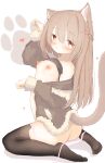  1girl :o animal_ear_fluff animal_ears ass bangs black_legwear blush braid breasts breasts_outside brown_hair cat_ears cat_girl cat_tail clothes_lift eyebrows_visible_through_hair hair_between_eyes heart highres long_hair looking_at_viewer nemonerin nipples no_shoes open_clothes original panties panty_pull paw_pose paw_print paw_print_background pink_panties red_eyes shirt_lift side-tie_panties simple_background sitting small_breasts soles solo tail tail_raised thighhighs underwear untied untied_panties wariza 