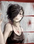  1girl black_hair blood brown_eyes camisole hair_over_one_eye highres kirishima_touka makko_(user_kvud5535) parted_lips short_hair solo tokyo_ghoul upper_body 