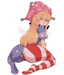  1girl @_@ absurdres american_flag_legwear ass blonde_hair clownpiece colored_eyelashes doro_au eyebrows_visible_through_hair fairy_wings hat highres jester_cap long_hair looking_at_viewer looking_back neck_ruff pantyhose pantylines pink_eyes pink_headwear polka_dot short_sleeves simple_background sitting solo star_(symbol) star_print striped thick_eyebrows touhou transparent_wings white_background wings 