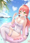  1girl absurdres ahoge bare_shoulders beach blue_sky blush breasts choker cleavage cloud collarbone eyebrows_visible_through_hair food green_eyes hair_between_eyes hair_ornament hairclip heart highres hololive inflatable_raft large_breasts long_hair looking_at_viewer ocean pink_hair popsicle popsicle_in_mouth sakura_miko sky solo sun sunlight swimsuit thigh_strap thighhighs uni_ikura virtual_youtuber water white_swimsuit 