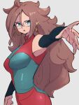  1girl android_21 blue_eyes breasts brown_hair checkered_clothes checkered_dress dragon_ball dragon_ball_fighterz dress earrings glasses grey_background hair_between_eyes hoop_earrings jewelry kemachiku long_hair looking_at_viewer medium_breasts simple_background solo 