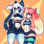  1:1 5_fingers absurd_res anthro biped blue_eyes bottomwear clothed clothing duo english_text felid feline fingers fur girly hi_res hotpants legwear lenni_(nagifur) lgbt_pride male mammal midriff nagi_(nagifur) nagifur navel pride_colors shorts simple_background text text_on_clothing thigh_highs topwear transgender_pride_colors white_background white_body white_fur 