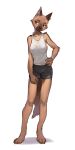  2021 anthro biped bottomwear breasts brown_body brown_fur canid canine clothed clothing female fur hi_res iuth mammal paws shirt shorts side_boob simple_background solo standing topwear white_background 