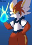  2022 absurd_res anthro blue_background blue_eyes cinderace fan_character front_view hair hand_on_hip hero_(the_real_hero) hi_res magic male multicolored_eyes nintendo pok&eacute;mon pok&eacute;mon_(species) red_hair signature simple_background smile solo standing two_tone_eyes varium video_games yellow_eyes 