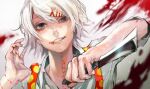  1boy bangs blood gradient gradient_background grey_background grin hair_ornament hairclip half-closed_eye hands_up highres holding holding_knife holding_weapon knife kyuuba_melo male_focus shirt short_hair smile solo stitches suspenders suzuya_juuzou teeth tokyo_ghoul weapon white_shirt x_hair_ornament 