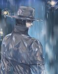  1boy battle_tendency black_coat capelet cityscape coat commentary hat head_scarf jojo_no_kimyou_na_bouken kars_(jojo) male_focus night rain solo yepnean 