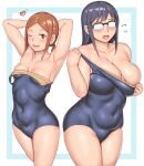  2girls armpits arms_behind_head bangs black-framed_eyewear blue_border blue_swimsuit border breasts brown_eyes brown_hair clothes_pull collarbone commentary_request covered_navel cowboy_shot eyebrows_visible_through_hair furrowed_brow glasses heart highres houkago_teibou_nisshi kuroiwa_yuuki large_breasts long_hair looking_at_viewer multiple_girls one-piece_swimsuit one_eye_closed oono_makoto opaque_glasses open_mouth orizen outside_border over-rim_eyewear ponytail semi-rimless_eyewear shiny shiny_hair sidelocks simple_background small_breasts swimsuit swimsuit_pull thick_thighs thighs white_background 
