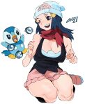  1girl absurdres artist_name black_hair black_shirt breasts bubble cleavage dawn_(pokemon) hat highres large_breasts long_hair pink_skirt piplup pokemon pokemon_(creature) pokemon_(game) pokemon_dppt red_scarf scarf shirt simple_background skirt sleeveless sleeveless_shirt solo white_background white_headwear whoopsatro 