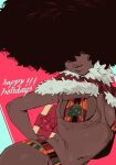  1girl afro arm_behind_back box breasts breasts_apart cape commentary dark-skinned_female dark_skin english_commentary fur_trim gift gift_box hair_over_eyes happy_holidays highres large_breasts navel original red_background solo viv_(whoopsatro) whoopsatro 