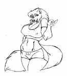  2008 anthro big_breasts black_and_white bottomwear breasts canid canine canis clothed clothing curvy_figure danellz female hair hand_on_stomach huge_breasts mammal midriff monochrome navel nipple_outline open_mouth shirt shorts solo thick_thighs topwear voluptuous wide_hips wolf 