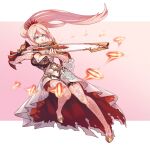  1girl armor bangs blue_eyes braid breasts cleavage dress gun hair_between_eyes hakuramen highres holding holding_gun holding_weapon long_hair medium_breasts pink_hair ponytail rifle shionne_(tales) shoulder_armor sidelocks solo tales_of_(series) tales_of_arise very_long_hair weapon white_dress 