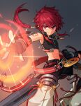  1boy arm_tattoo character_request commentary elsword jewelry looking_at_viewer magic midriff_peek navel necklace ohil_(ohil822) outstretched_arms red_eyes red_hair simple_background smile solo tattoo wrist_cuffs 