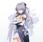  1girl absurdres artist_name bangs bare_shoulders black_gloves breasts bronya_zaychik bronya_zaychik_(silverwing:_n-ex) cleavage closed_mouth dress drill_hair fled gloves grey_eyes grey_hair hair_between_eyes hair_ornament highres honkai_(series) honkai_impact_3rd long_hair looking_at_viewer simple_background single_glove single_sleeve sleeveless sleeveless_dress smile solo white_background white_dress 