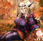  1girl artoria_pendragon_(fate) artoria_pendragon_(lancer_alter)_(fate) autumn autumn_leaves backpack bag black_jacket black_pants blue_horns breasts commentary_request eyewear_on_head fate/grand_order fate_(series) forest gakuon_(gakuto) horns jacket large_breasts long_hair looking_at_viewer nature orange_shirt pants pinecone platinum_blonde_hair shirt sitting squirrel sunglasses tied_hair tree yellow_eyes 