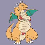  1:1 2019 anthro big_breasts bikini bikini_bottom bikini_top breasts clothing crouching dragonite female green_eyes hand_behind_head hi_res lord_magicpants membrane_(anatomy) membranous_wings navel nintendo nipple_outline orange-body pok&eacute;mon pok&eacute;mon_(species) scalie simple_background smile solo swimwear thick_thighs video_games wings 