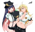  2girls ? ?? absurdres artist_name belt black_belt black_hair black_shorts blonde_hair breasts cleavage collared_shirt colored_inner_hair cowboy_shot earrings hat highres holding holding_clothes holding_hat jewelry large_breasts long_hair midriff multicolored_hair multiple_girls navel panty_&amp;_stocking_with_garterbelt panty_(psg) pink_hair police police_badge police_hat police_uniform policewoman shirt shorts simple_background smile stocking_(psg) suspenders uniform very_long_hair white_background whoopsatro 