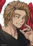  1boy adam&#039;s_apple alternate_hairstyle artist_name black_shirt blonde_hair body_markings boku_no_hero_academia bracelet collarbone earrings facial_hair feathered_wings fingers_to_cheek goatee half-closed_eyes hawks_(boku_no_hero_academia) jewelry kadeart male_focus medium_hair parted_lips portrait red_feathers ring seductive_smile shirt simple_background smile solo stud_earrings teeth white_background wings yellow_eyes 