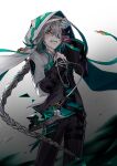  1boy ainchase_ishmael black_gloves braid commentary crying earrings elsword english_commentary gloves green_eyes grey_hair hair_over_one_eye highres holding jewelry long_hair looking_at_viewer ohil_(ohil822) pendulum solo teeth 
