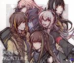  5girls anti-rain_(girls&#039;_frontline) bandana black_hair brown_hair copyright_name eyepatch girls&#039;_frontline gloves headphones htwl long_hair looking_at_viewer m16a1_(girls&#039;_frontline) m4_sopmod_ii_(girls&#039;_frontline) m4a1_(girls&#039;_frontline) multiple_girls pink_hair ro635_(girls&#039;_frontline) st_ar-15_(girls&#039;_frontline) white_hair 