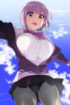  1girl :d blue_sky bow bowtie breasts cardigan cloud cloudy_sky collared_shirt cowboy_shot day grey_legwear gridman_universe jacket large_breasts light_purple_hair looking_at_viewer off_shoulder outstretched_arms panties panties_under_pantyhose pantyhose partially_unzipped purple_bow purple_bowtie purple_jacket red_eyes shinjou_akane shirt short_hair sky smile solo spread_arms ssss.gridman teoshiguruma underwear white_cardigan 