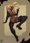  1girl 2022 animal_ears ass_visible_through_thighs avatar_(ff14) blonde_hair boots breasts brown_eyes commission dark-skinned_female dark_skin dated female_pubic_hair final_fantasy final_fantasy_xiv full_body futanari glasses gloves high_heel_boots high_heels itch_(itchy_ears) jacket large_breasts looking_at_viewer navel nipples penis ponytail pubic_hair rabbit_ears rabbit_girl sitting solo testicles thigh_boots thighhighs v viera watermark 