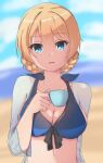  1girl absurdres bangs beach bikini blonde_hair blue_bikini blue_eyes blue_sky bow bow_bikini braid breasts cleavage cloud cloudy_sky commentary cup darjeeling_(girls_und_panzer) day english_commentary eyebrows_visible_through_hair girls_und_panzer halterneck highres holding holding_cup horizon long_sleeves looking_at_viewer medium_breasts naisu_(nai_su01) ocean open_mouth outdoors short_hair sky smile solo swimsuit swimsuit_cover-up teacup tied_hair twin_braids upper_body 