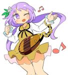  1girl beamed_eighth_notes biwa_lute blush brown_dress chain dress eighth_note eyebrows_visible_through_hair feet_out_of_frame flower hair_flower hair_ornament ini_(inunabe00) instrument knees_together_feet_apart long_hair long_sleeves low_twintails lute_(instrument) musical_note one_eye_closed open_mouth purple_eyes purple_hair simple_background smile solo touhou tsukumo_benben twintails white_background white_flower 