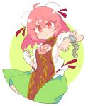  1girl bandaged_arm bandages blush bun_cover chain cowboy_shot cropped_legs cuffs double_bun eyebrows_visible_through_hair flower green_skirt hair_between_eyes ibaraki_kasen ini_(inunabe00) parted_lips pink_eyes pink_flower pink_hair pink_rose puffy_short_sleeves puffy_sleeves rose shackles shirt short_hair short_sleeves skirt solo tabard touhou white_shirt 