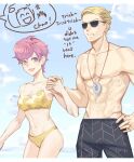  1boy 1girl absurdres beach bikini blonde_hair blue_eyes bruno_buccellati english_text formal highres holding_hands jewelry jojo_no_kimyou_na_bouken lemon_print male_swimwear necklace pink_hair prosciutto short_hair skirt suit sunglasses swim_trunks swimsuit trish_una vento_aureo yepnean 