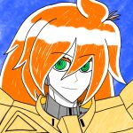  blue_background cyborg gold_armor green_eyes highres ludwin_(demi) orange_hair shishiou_gai smile yuusha_ou_gaogaigar yuusha_series 