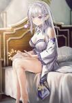  1girl bangs bed bedroom blush braid breasts dress emilia_(re:zero) hair_ornament highres indoors kurotuki_nn large_breasts long_hair looking_at_viewer pink_eyes re:zero_kara_hajimeru_isekai_seikatsu sitting smile solo thighs white_dress white_hair 