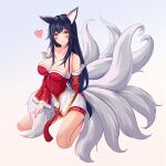  1girl absurdres ahri_(league_of_legends) animal_ears bangs bare_shoulders blush breasts cleavage commentary_request eyebrows_visible_through_hair facial_mark fang fox_ears fox_tail heart highres korean_clothes kumiho league_of_legends long_hair looking_at_viewer low-tied_long_hair ml04_(malang22) multiple_tails nail_polish revision sitting slit_pupils smile solo tail thighs vastaya whisker_markings yellow_eyes 