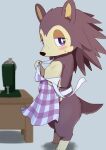  4_toes animal_crossing anthro apron biped blush blush_lines breasts brown_body brown_fur cleavage clothed clothing countershade_face countershade_torso countershading eulipotyphlan eye_contact featureless_breasts feet female first_person_view flat_chested freckles fur furniture grey_background hair half-closed_eyes hedgehog hi_res koorinezumi looking_at_another looking_at_viewer mammal multicolored_body multicolored_fur narrowed_eyes nintendo partially_clothed purple_eyes sable_able sewing_machine side_view simple_background solo spiky_hair standing table toes two_tone_body two_tone_fur undressing video_games wood_table 